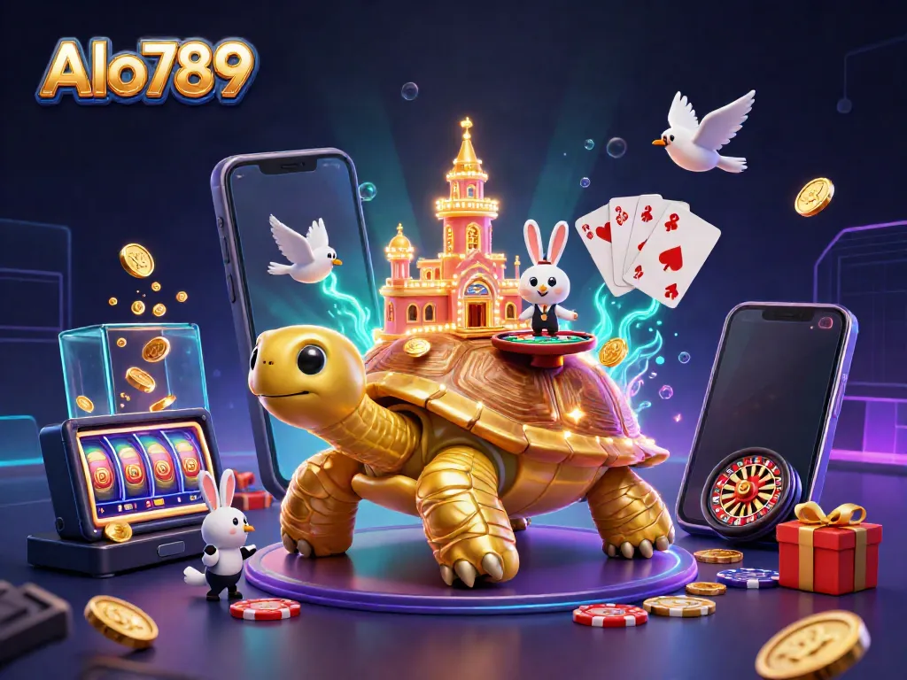 Alo789's vibrant casino world with a golden tortoise holding a casino, featuring a rabbit dealer, and floating coins.