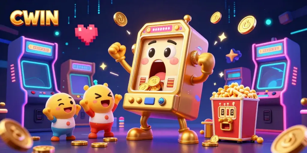 CWIN slot machine surprises players with a jackpot, surrounded by cheering mini machines and arcade elements.