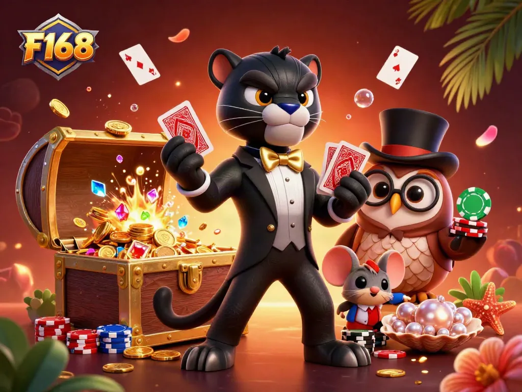Engage with F168's thrilling casino adventure through a vibrant illustration featuring playful characters and dynamic gaming elements.