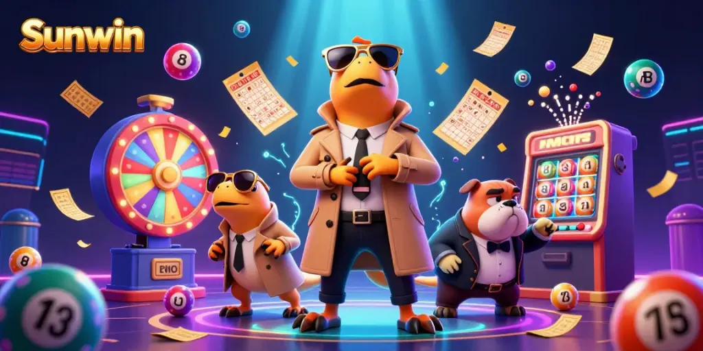 Sunwin’s vibrant illustration with three raptors in a trench coat entering a casino, surrounded by dynamic gaming elements.