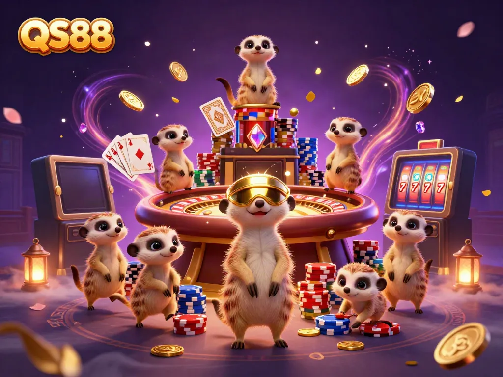 Experience thrilling gaming action at QS88 with meerkats orchestrating an extravagant casino atmosphere.