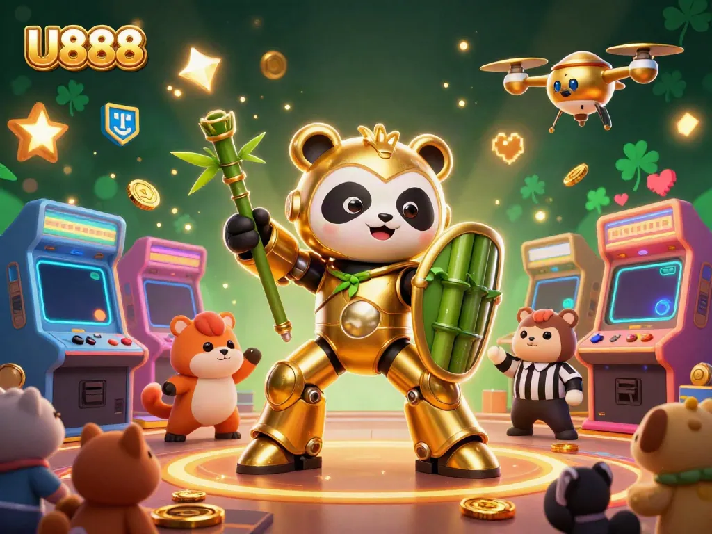 Engaging U888 online casino scene with a golden panda in mech-suit surrounded by vibrant arcade game elements.