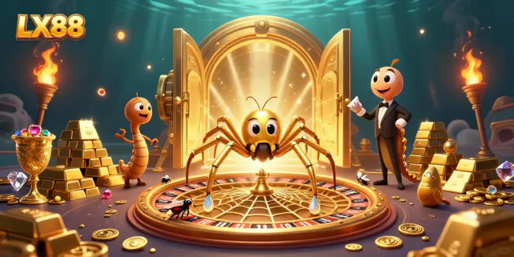 Experience the thrill of LX88 with a golden roulette web and captivating casino elements.