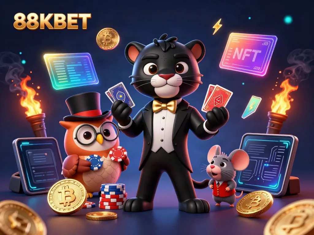 Experience 88KBET with stylish characters in a vibrant casino scene, featuring poker elements and cryptocurrency.