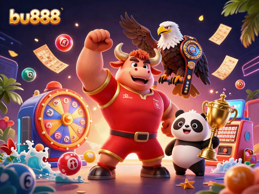 Experience thrilling wins with bull mascot, eagle, and panda celebrating in bu888 lottery scene.