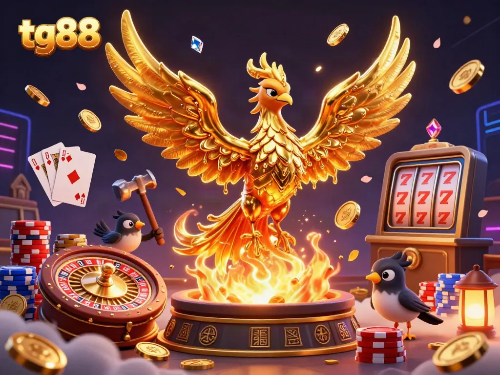 Engage in thrilling gambling with tg88: a dynamic casino scene filled with a golden phoenix and rich game elements.