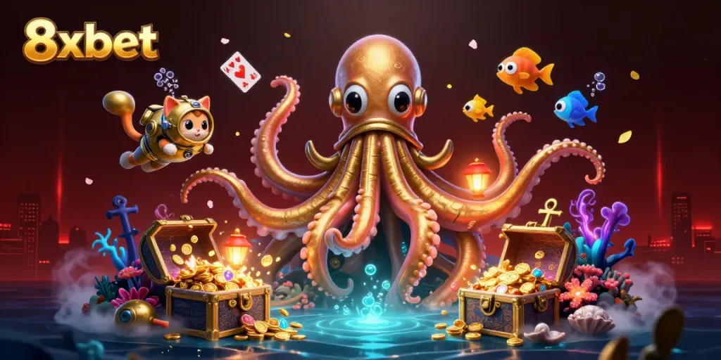 Engage in winning strategies with 8xbet in this vibrant underwater treasure hunting scene.