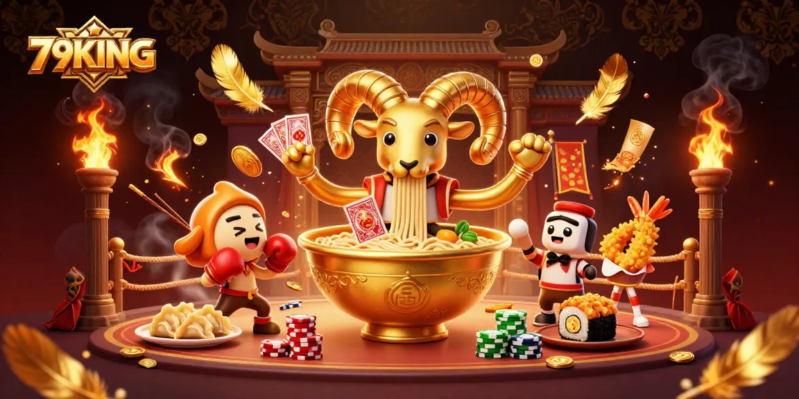 79KING features a vibrant 3D scene with a giant ramen bowl dealer stacking chips and cards