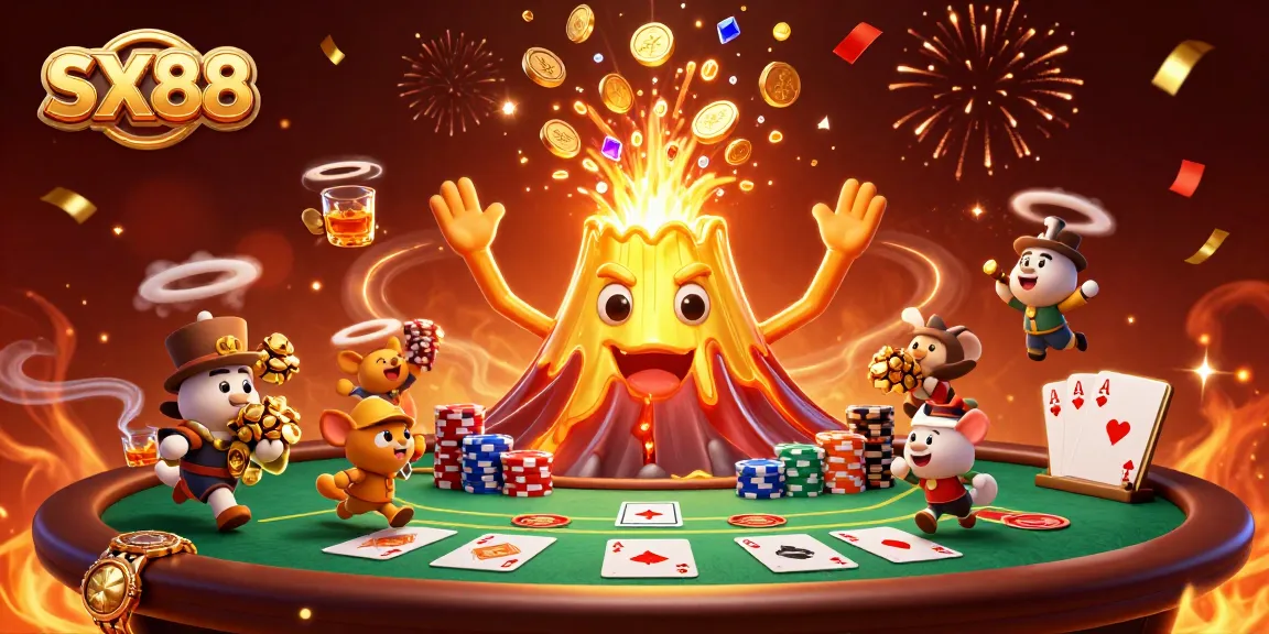 SX88 volcano erupting with treasure, exciting poker game elements around, vibrant casino atmosphere