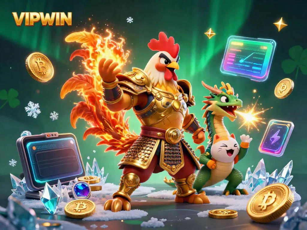 Players explore winning strategies at VIPWIN casino, featuring a dynamic scene with gaming characters and cryptocurrency elements.