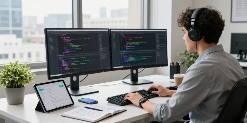 Developer di tisu4d sedang berkonsentrasi pada coding dengan teknologi modern di ruang kerja yang terang.