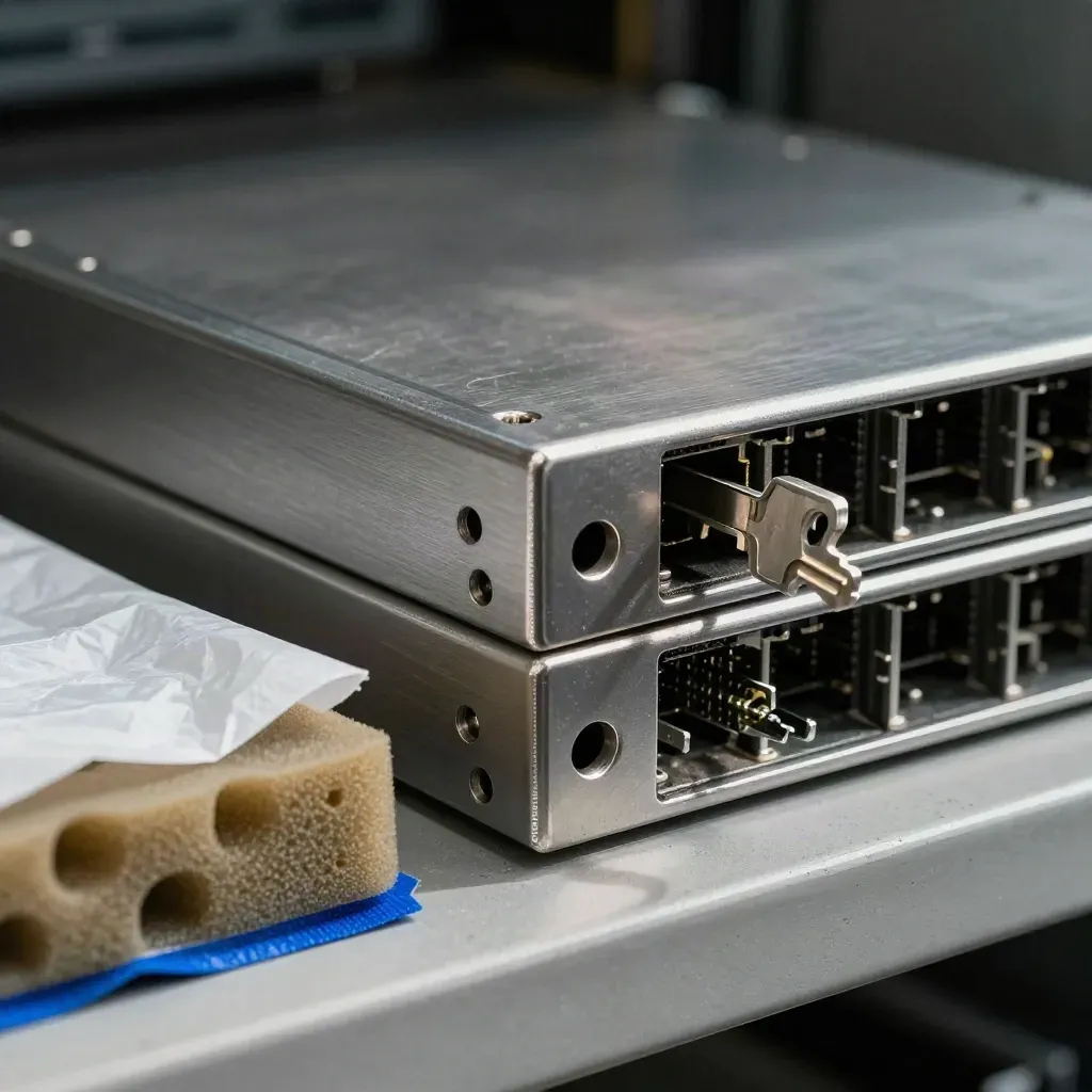 Server rails, anti-static sleeves, and foam cradles on concrete in dramatic dim light.