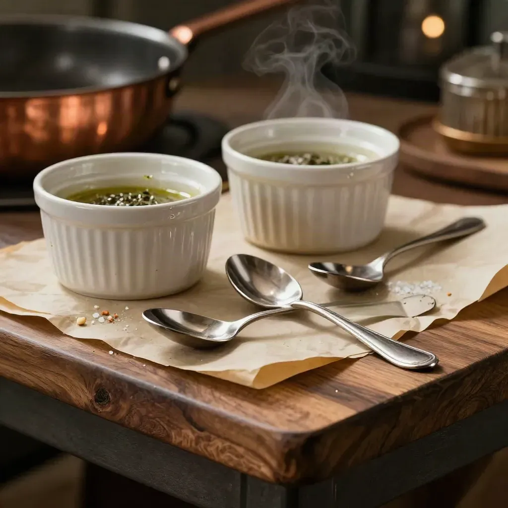 Stainless tasting spoons and ramekins on folded parchment in a warm food-service still life.