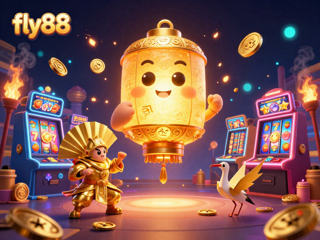 Experience the magic of fly88 with a vibrant 3D casino scene filled with golden symbols and adventure.