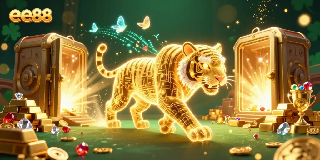 Experience the electric atmosphere of ee88 with a neon golden tiger in a rich digital casino.