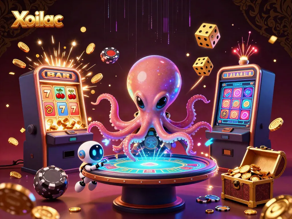 Xoilac showcases an alien octopus dealing poker at a vibrant casino, capturing the essence of online gaming excitement.