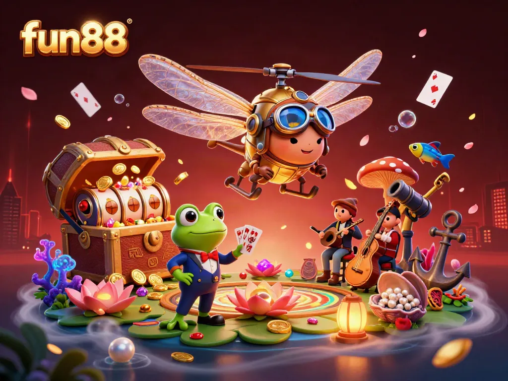Play slots with fun88 in a vibrant 3D casino scene featuring a dragonfly pilot and frog croupier.