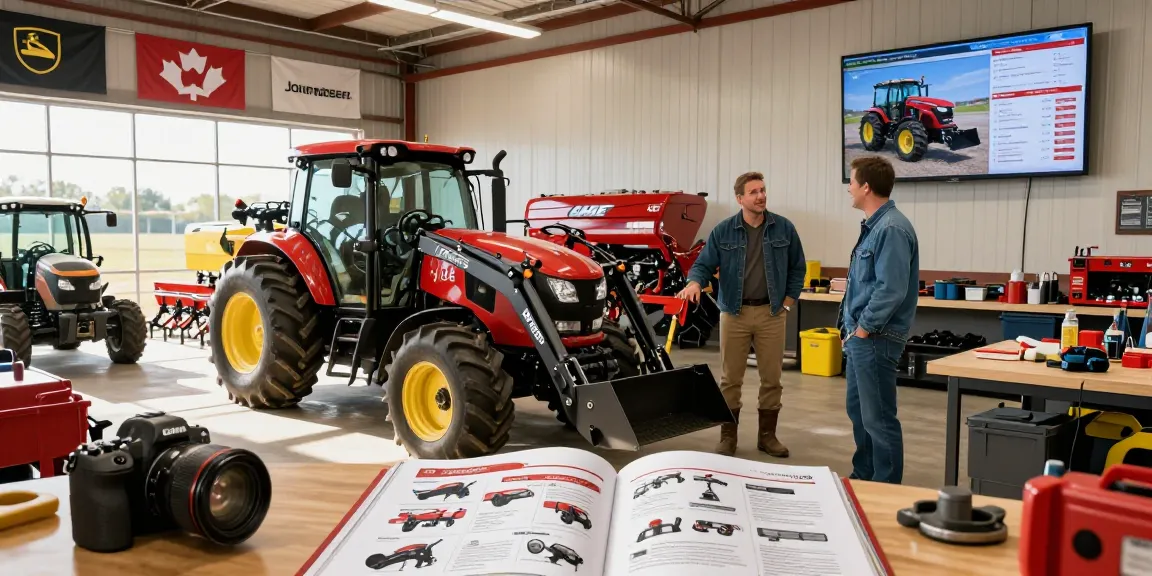 This farm equipment catalogue displayed at a Canadian showroom highlights key specifications and features.