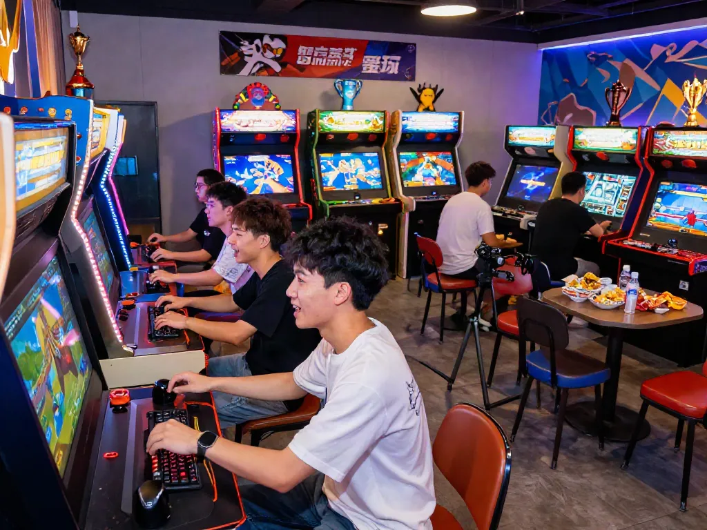 Diverse group enjoying games at DU88 gaming arcade, showcasing excitement and vibrant atmosphere.
