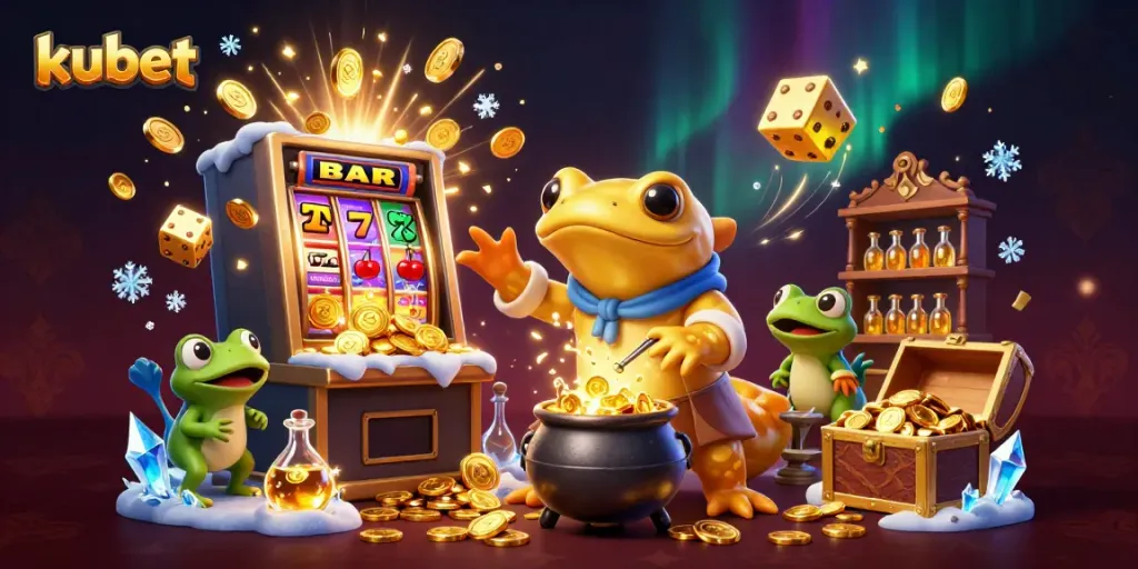 Engage with Kubet's vibrant casino scene featuring gold coins, slot machines, and lively characters.