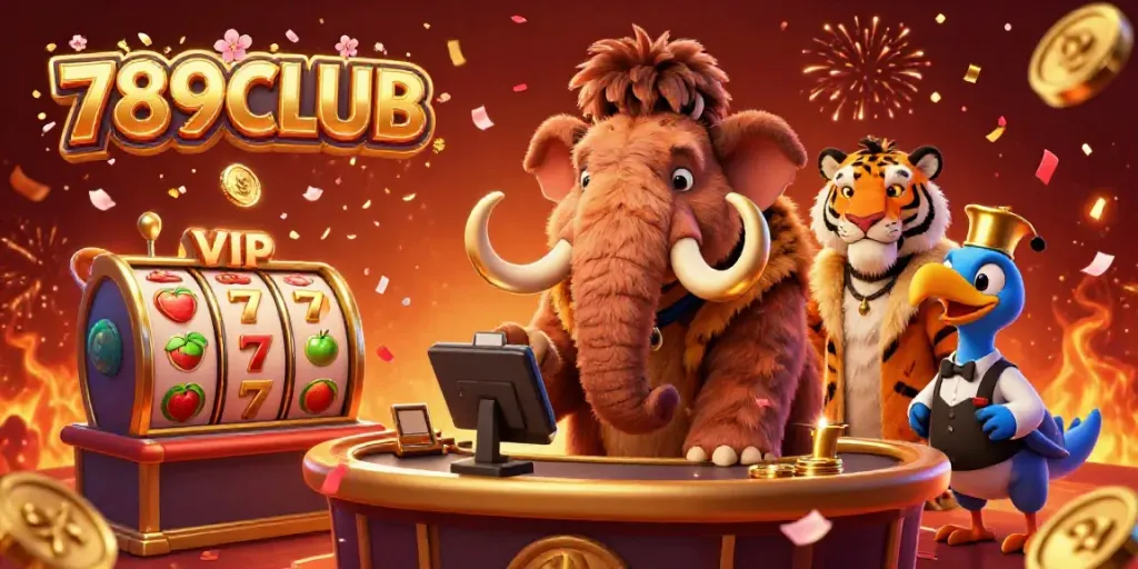Engage with 789CLUB at this lively casino scene with a mammoth bouncer, saber-tooth guest, and dodo doorman.