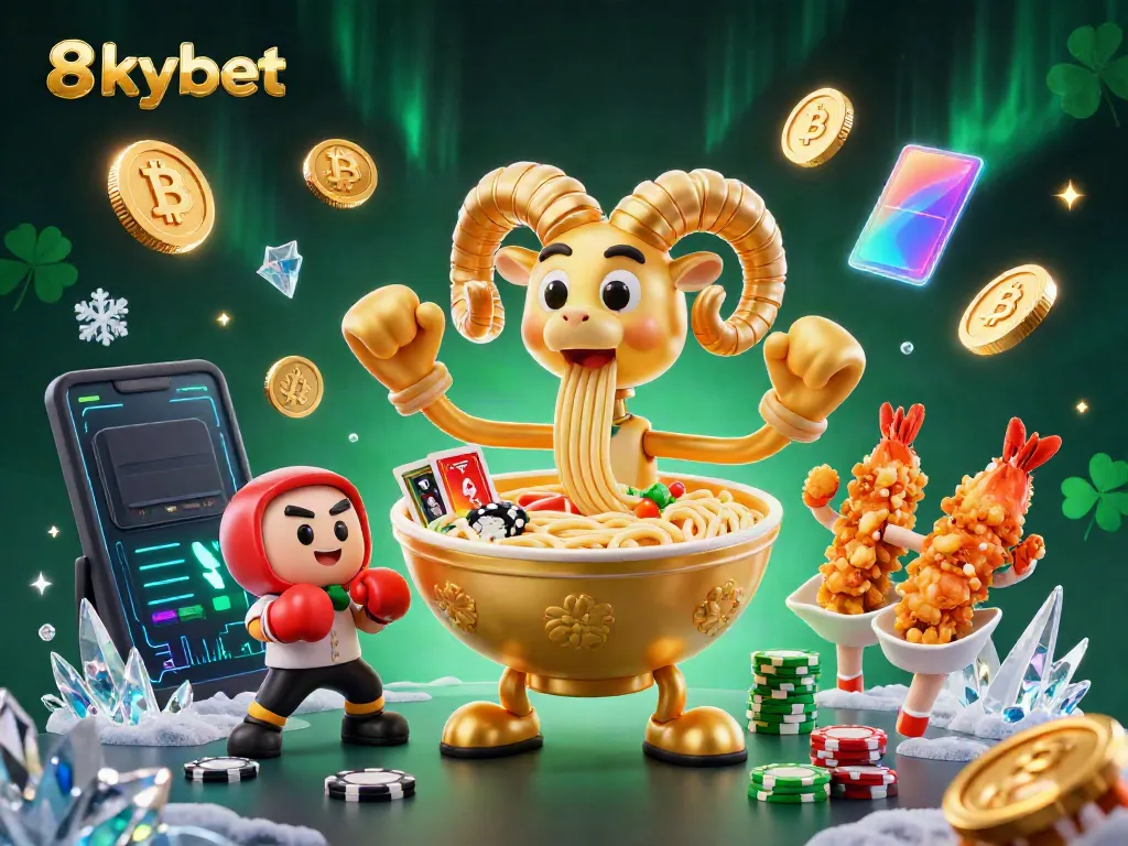 Engage with 8xbet's vibrant gaming universe featuring a unique illustration of a ramen bowl and playful elements.