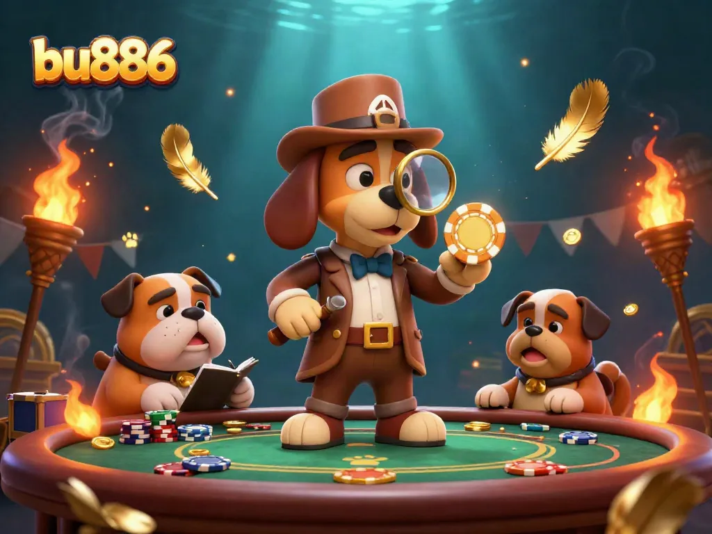 Engage in a thrilling bu886 poker scene with a detective uncovering secrets amidst golden tokens and glowing elements.