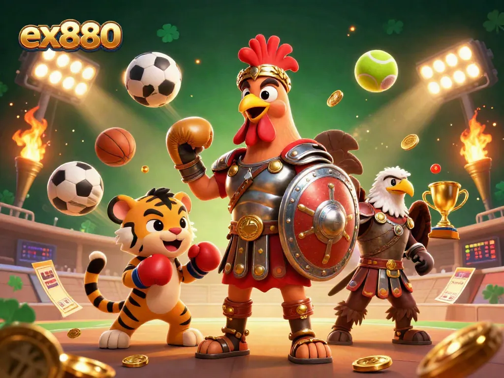 Experience thrilling action with ex880, featuring a gladiator rooster and sports elements in a vibrant arena.