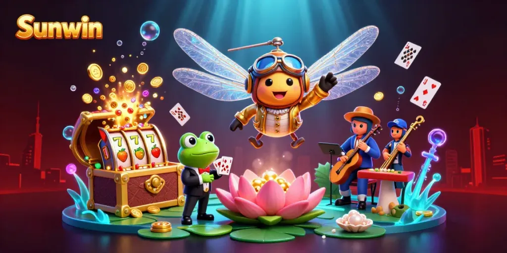 Join in the excitement at Sunwin's vibrant casino scene with a dragonfly pilot and a frog croupier.
