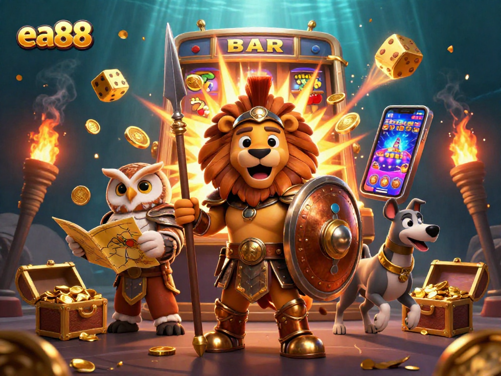 Experience the excitement of ea88 with a stunning 3D cartoon scene featuring jackpot symbols and vibrant casino elements.