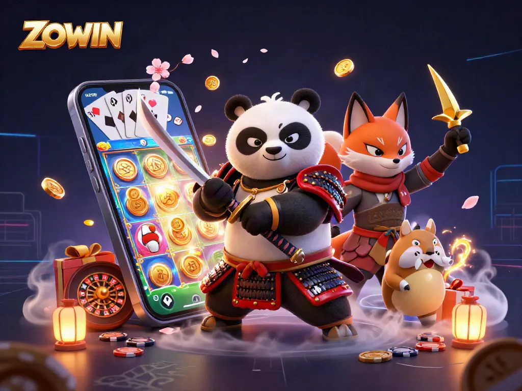 ZOWIN showcases a samurai panda and ninja fox amid vibrant casino games, creating an exciting atmosphere.
