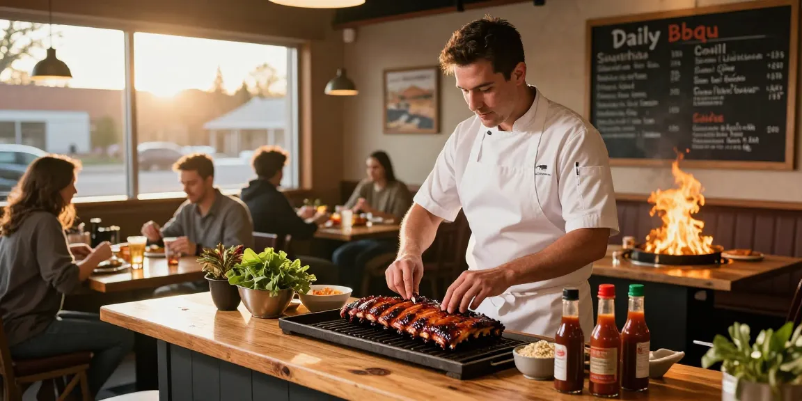 BBQ restaurant Alberta preparing smoked ribs with flavorful sauces and fresh ingredients in a cozy atmosphere.