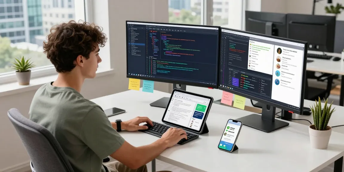 Focused programming environment for WPS Download with dual monitors, coding elements, and a modern office setting.