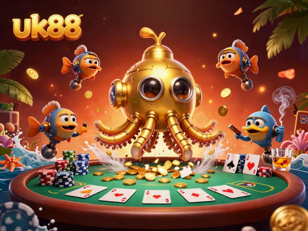 Experience excitement with uk88's golden kraken submarine amidst riches and poker chaos