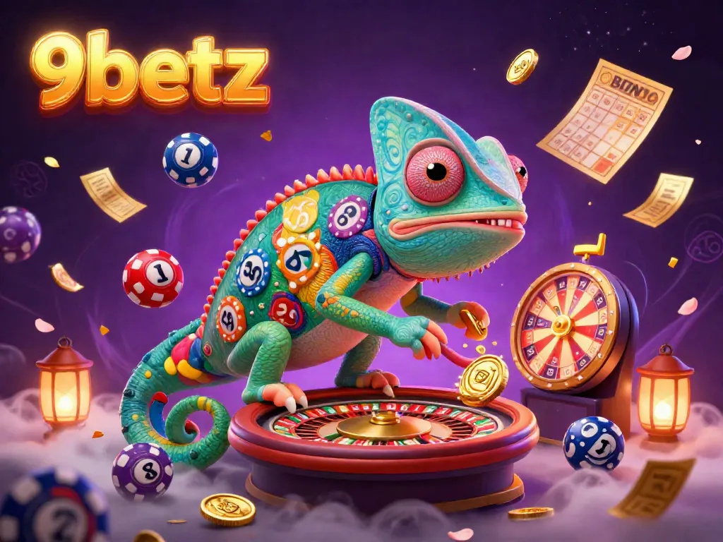 Engage in thrilling gambling action at 9betz featuring the colorful chameleon casino owner amid vibrant game elements and rich atmosphere.