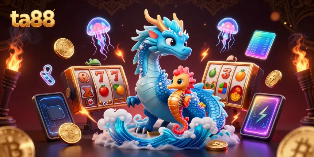 Play thrilling jackpot slots with ta88 as you encounter a majestic water dragon and coral knight.