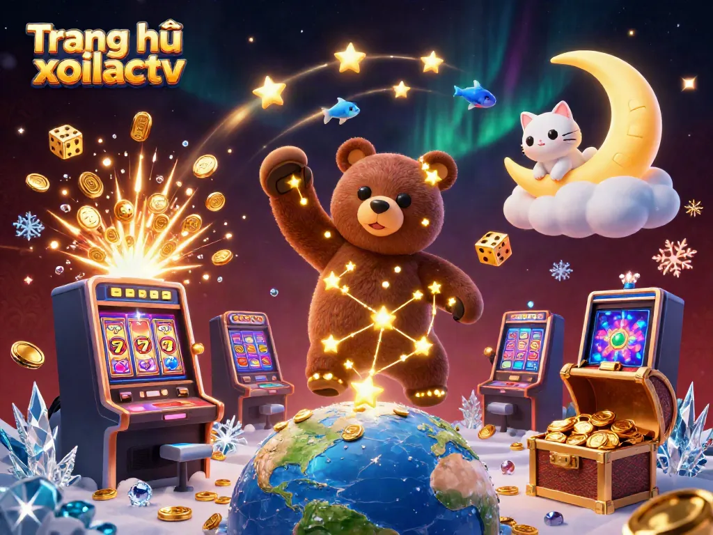 An enchanting scene from Trang chủ xoilactv, featuring a golden constellation bear scooping coins, with a vibrant, dynamic casino atmosphere.
