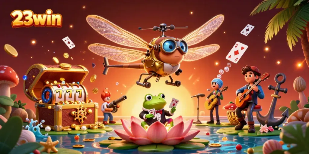 Experience thrilling gameplay with 23win's vibrant casino scene, showcasing dynamic slot reels.