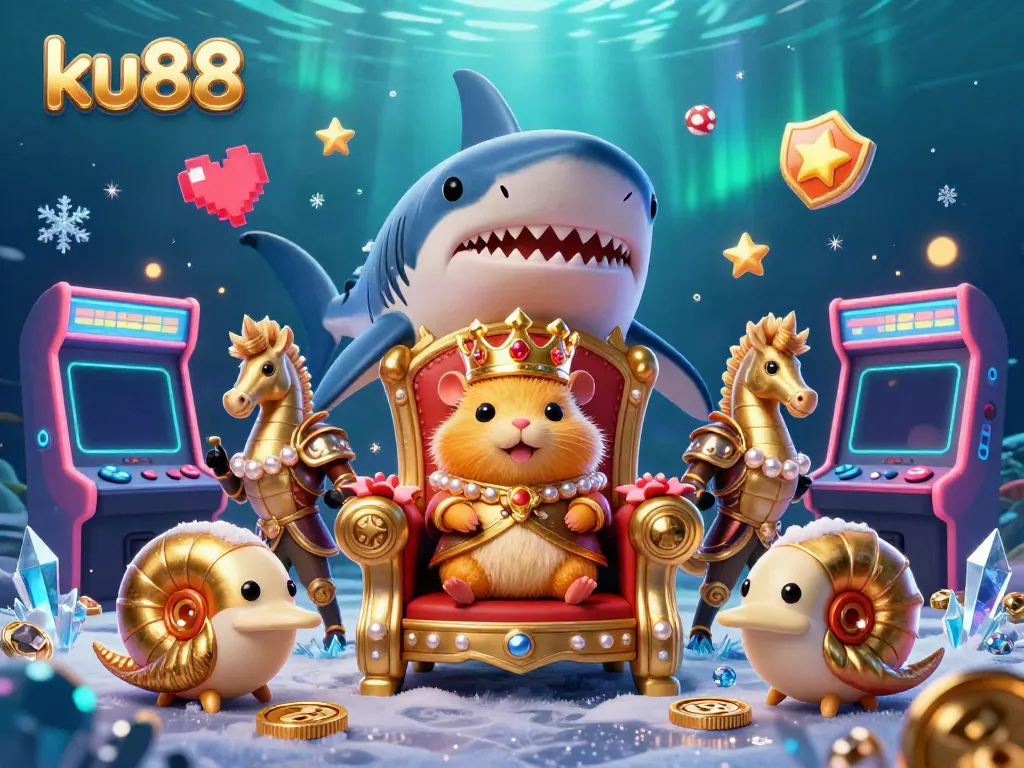 Experience the excitement of ku88 with a fierce hamster king seated on a megalodon throne amidst vibrant gaming elements.