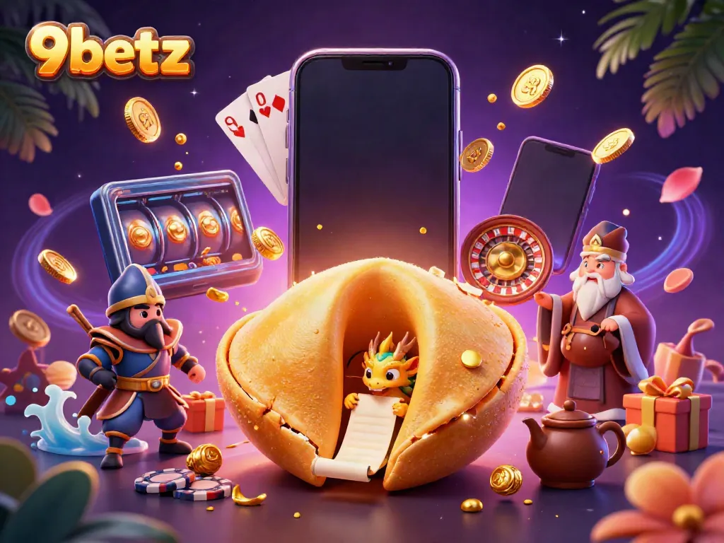 Experience thrilling gameplay at 9betz with a dynamic scene featuring a golden fortune cookie and gaming elements.