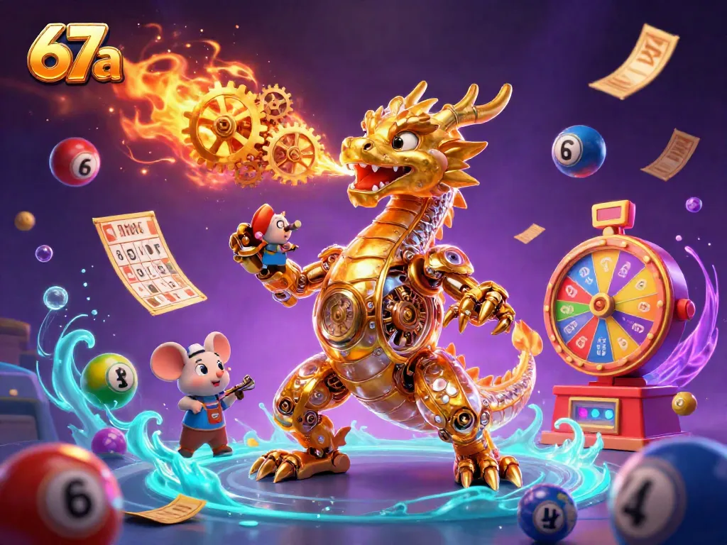 Experience the excitement at 67a with a golden dragon, dynamic game elements, and a vibrant casino atmosphere.