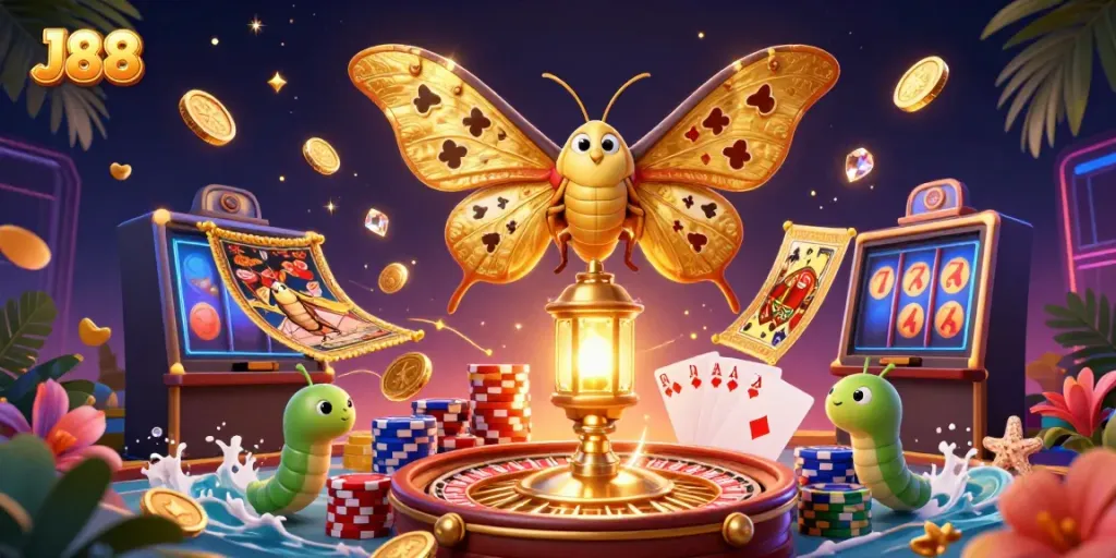 Experience the thrill with J88's casino-themed vibrant 3D illustration filled with action.