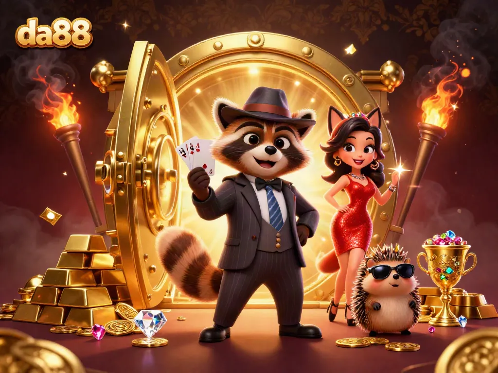Experience thrilling gaming action at da88 with charming characters and vibrant casino elements