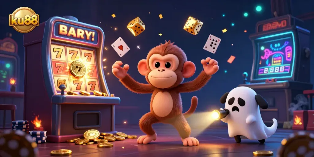 Experience the thrill of ku88 with a playful poltergeist monkey juggling gold coins in a bustling casino scene.