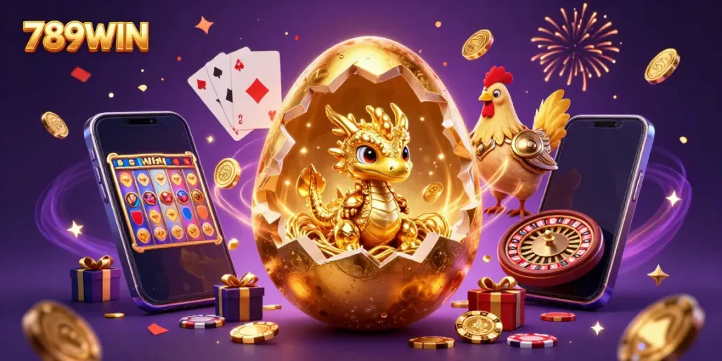 Experience thrilling gameplay at 789WIN with a golden dragon and casino elements, showcasing vibrant offers.