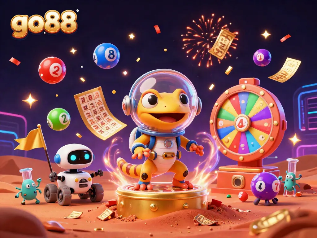 Experience the excitement of go88 online casino with a 3D Martian gecko discovering a golden casino.
