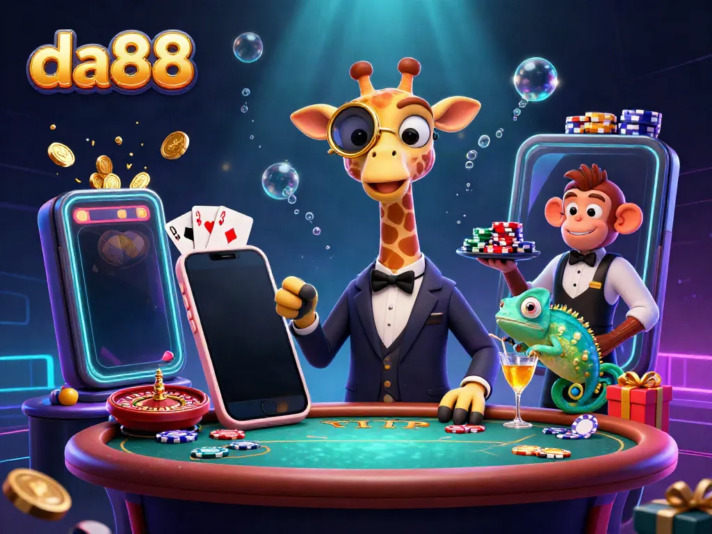 Engage in thrilling gaming at da88 with a high-roller giraffe and vibrant casino elements.