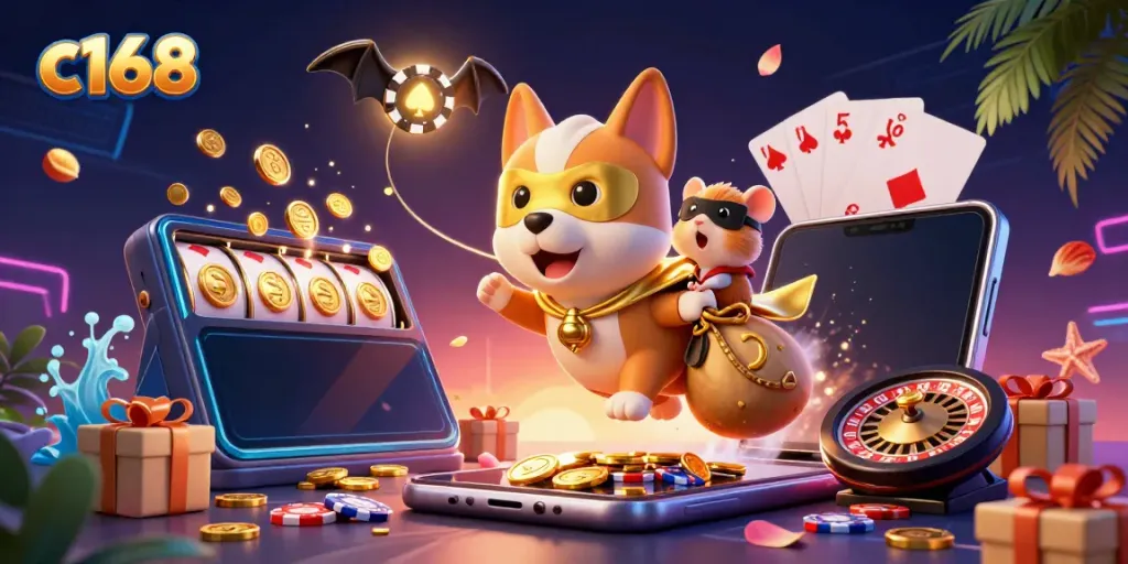 Play exciting casino games with c168 in this dynamic superhero-themed illustration featuring a dog and hamster.