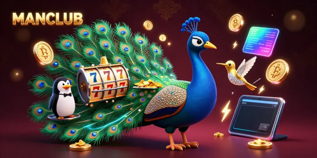 Engage with MANCLUB in a vibrant casino scene featuring an aristocratic peacock, chips, and dynamic gaming elements.