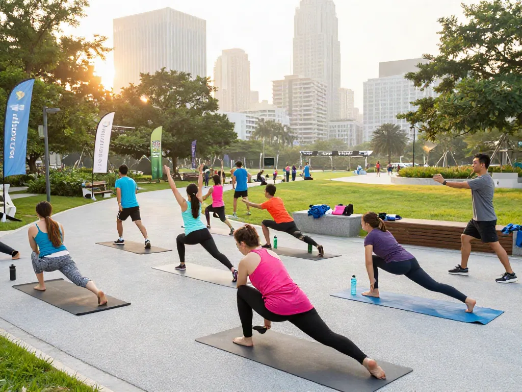 Streek community fitness session at sunrise in an urban park, showcasing diverse individuals exercising.